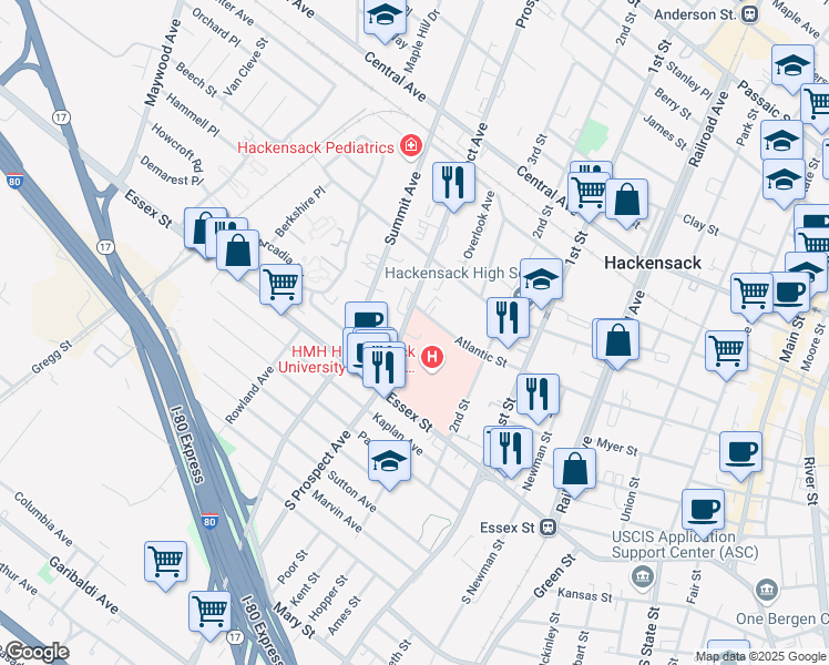 map of restaurants, bars, coffee shops, grocery stores, and more near 316 Atlantic Street in Hackensack