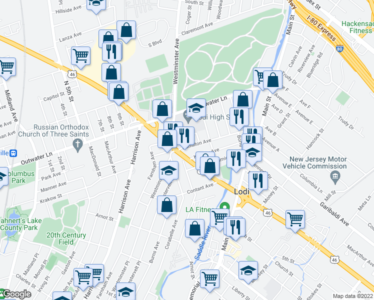 map of restaurants, bars, coffee shops, grocery stores, and more near 61 Hamilton Avenue in Lodi