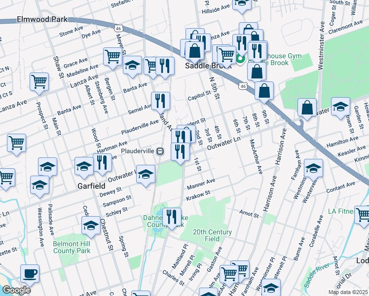 map of restaurants, bars, coffee shops, grocery stores, and more near 328 1st Street in Saddle Brook