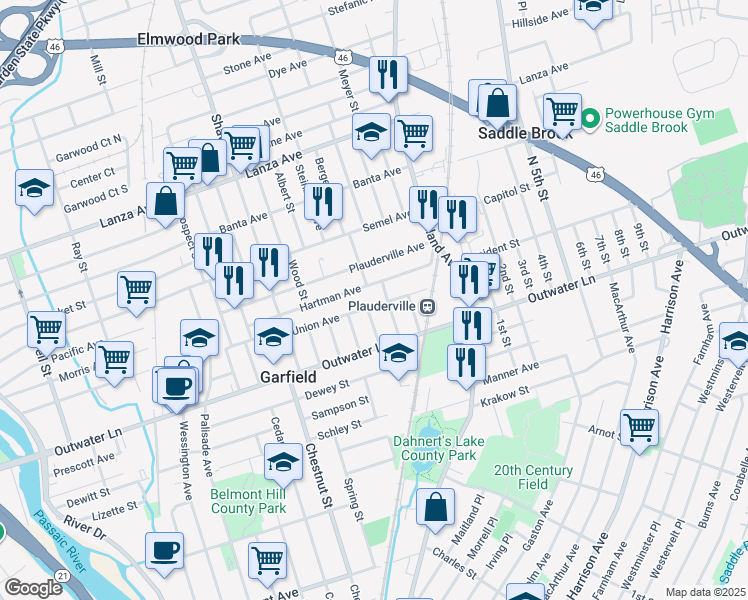 map of restaurants, bars, coffee shops, grocery stores, and more near 140 Hartmann Avenue in Garfield