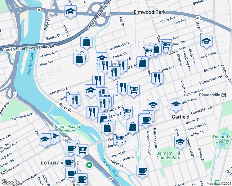 map of restaurants, bars, coffee shops, grocery stores, and more near 148 Banta Avenue in Garfield