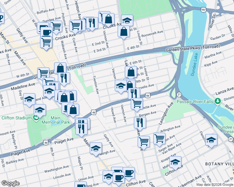 map of restaurants, bars, coffee shops, grocery stores, and more near 169 East 9th Street in Clifton