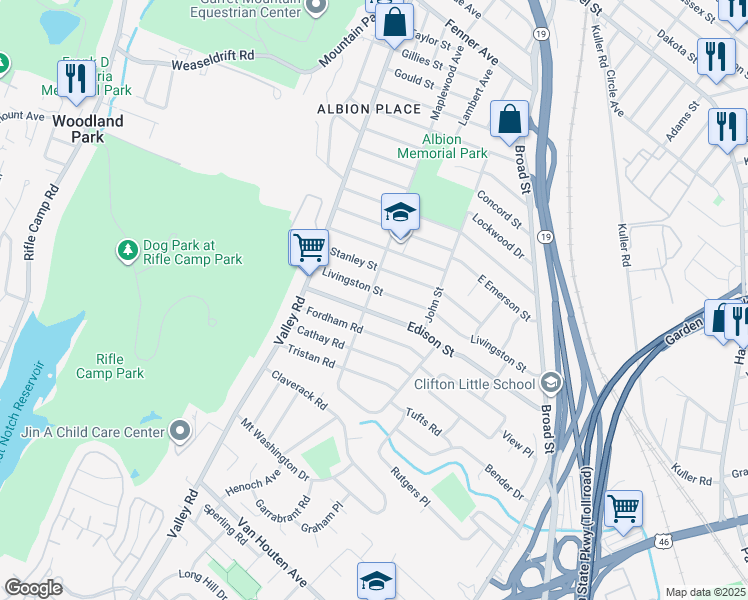 map of restaurants, bars, coffee shops, grocery stores, and more near 86 Livingston Street in Clifton