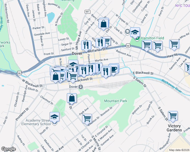 map of restaurants, bars, coffee shops, grocery stores, and more near 25 Union Street in Dover