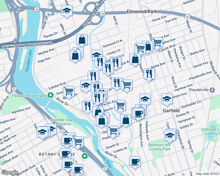 map of restaurants, bars, coffee shops, grocery stores, and more near 148 Banta Avenue in Garfield