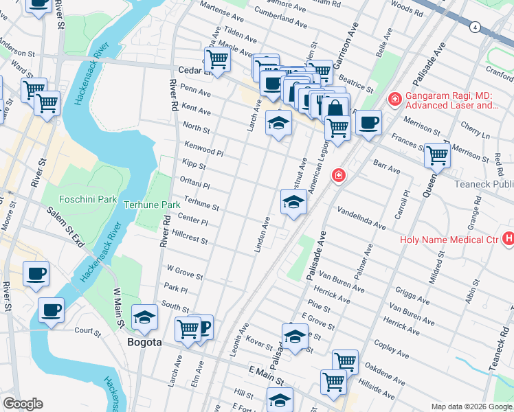 map of restaurants, bars, coffee shops, grocery stores, and more near 236 Elm Avenue in Teaneck