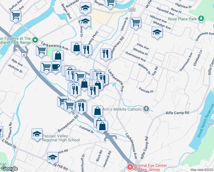 map of restaurants, bars, coffee shops, grocery stores, and more near Mill Pond Road in Woodland Park