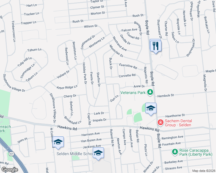 map of restaurants, bars, coffee shops, grocery stores, and more near 45 Franco Avenue in Selden