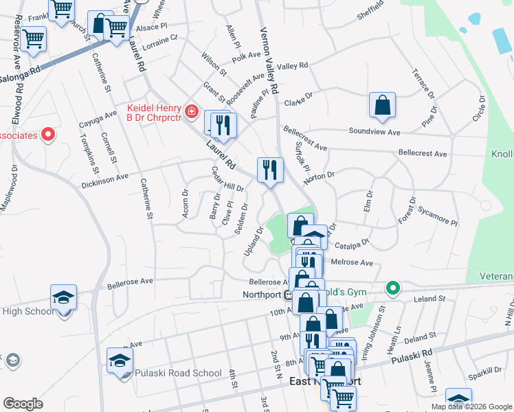 map of restaurants, bars, coffee shops, grocery stores, and more near 2 Selden Drive in East Northport
