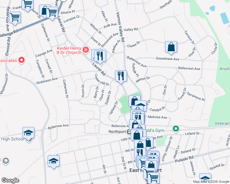 map of restaurants, bars, coffee shops, grocery stores, and more near 14 Upland Drive in East Northport