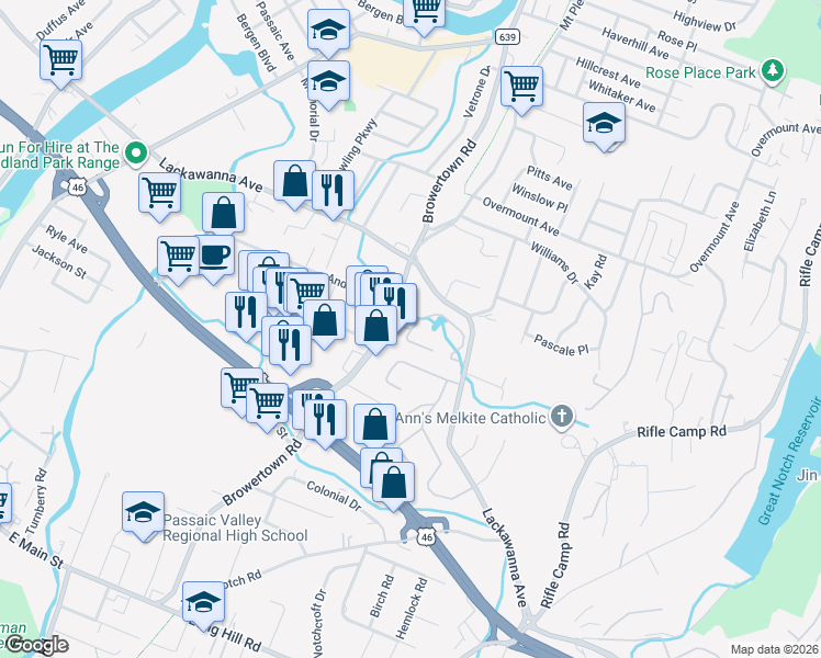 map of restaurants, bars, coffee shops, grocery stores, and more near 54 Mill Pond Road in Woodland Park