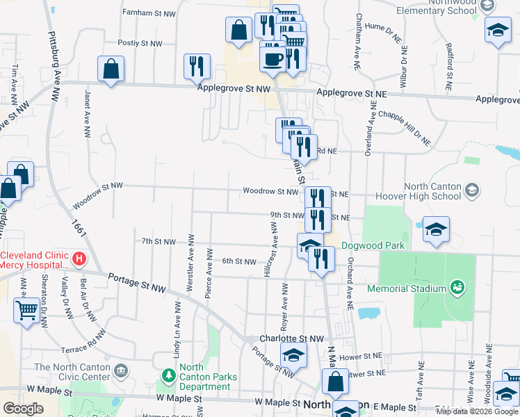 map of restaurants, bars, coffee shops, grocery stores, and more near 226 Woodrow Street Northwest in North Canton