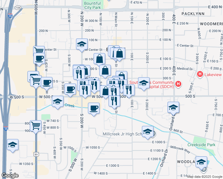 map of restaurants, bars, coffee shops, grocery stores, and more near 52 400 South in Bountiful