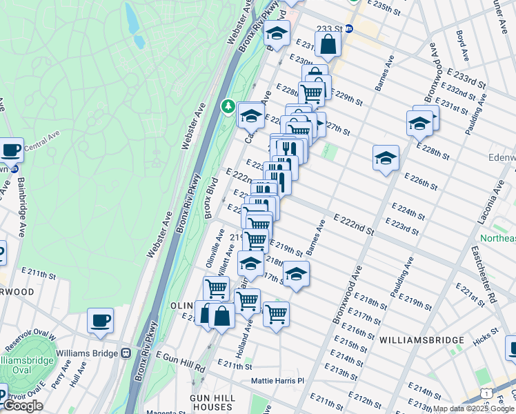 map of restaurants, bars, coffee shops, grocery stores, and more near 676 East 221st Street in Bronx
