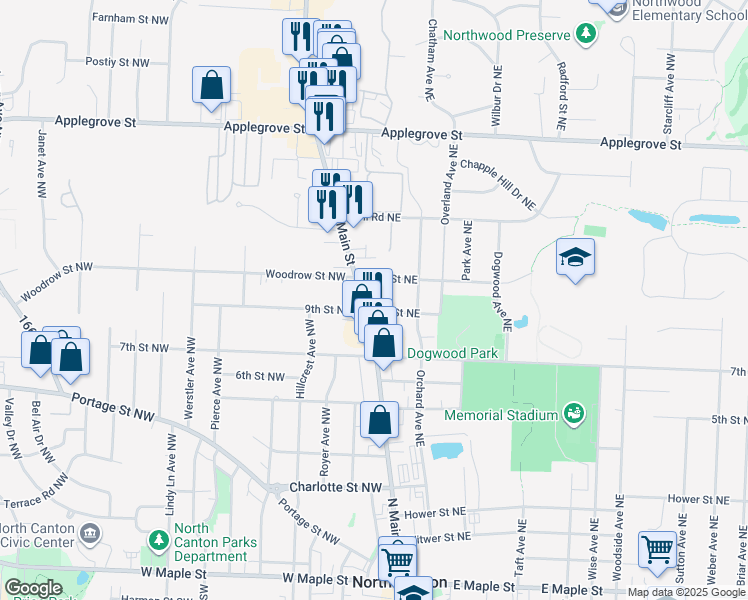 map of restaurants, bars, coffee shops, grocery stores, and more near 932 North Main Street in North Canton