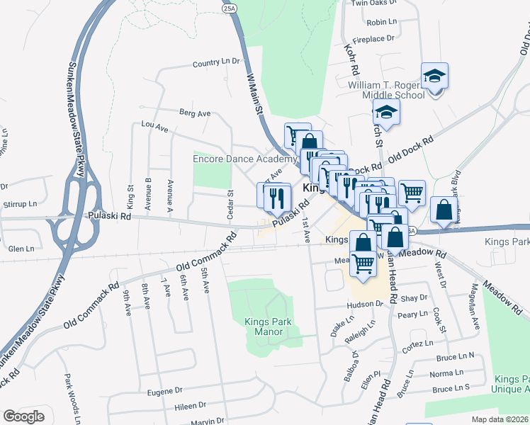 map of restaurants, bars, coffee shops, grocery stores, and more near 26 Lou Avenue in Kings Park