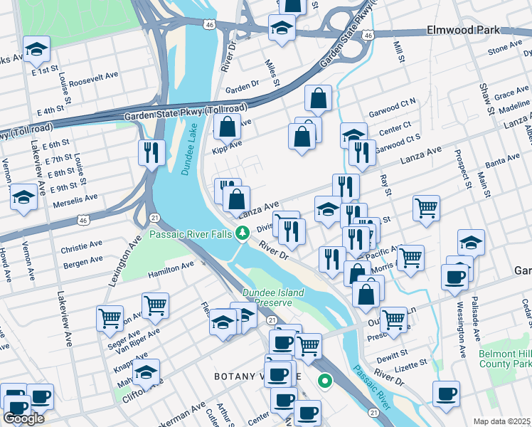 map of restaurants, bars, coffee shops, grocery stores, and more near 39 Lanza Avenue in Garfield