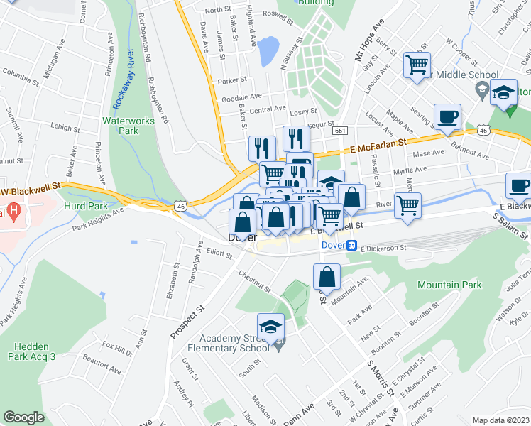 map of restaurants, bars, coffee shops, grocery stores, and more near 45 Bassett Highway in Dover