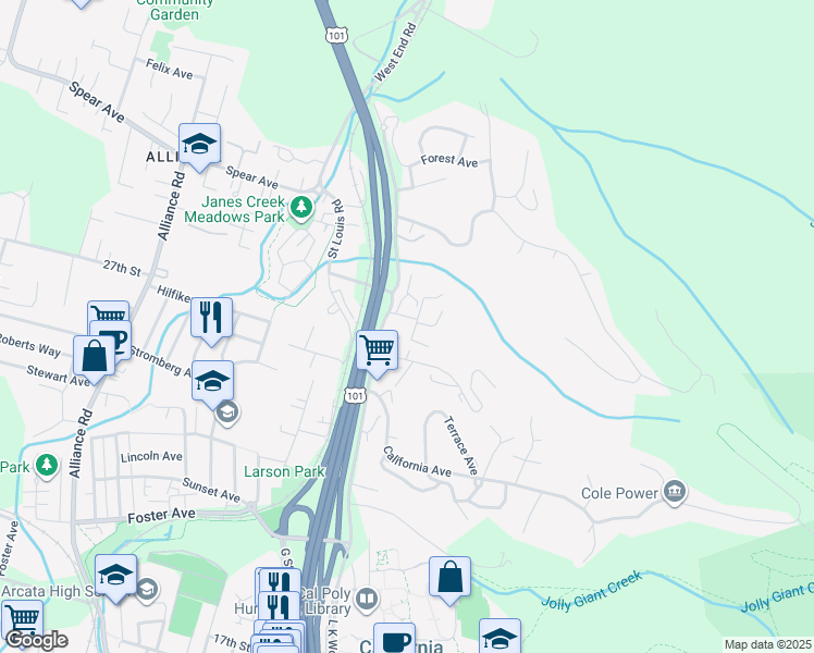 map of restaurants, bars, coffee shops, grocery stores, and more near 512 Ridge Road in Arcata