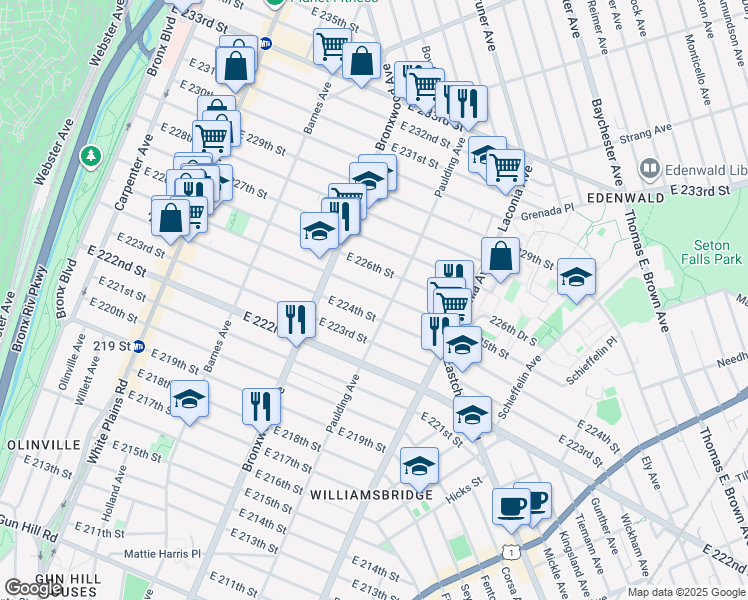map of restaurants, bars, coffee shops, grocery stores, and more near 967 East 225th Street in The Bronx