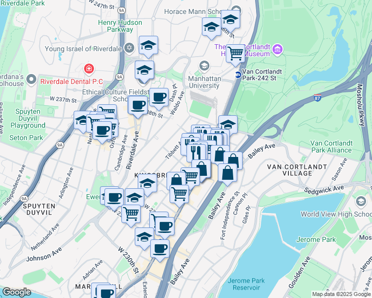 map of restaurants, bars, coffee shops, grocery stores, and more near 276 West 238th Street in Bronx