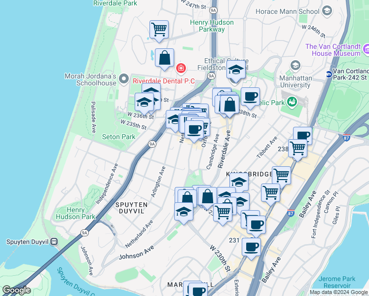 map of restaurants, bars, coffee shops, grocery stores, and more near in The Bronx