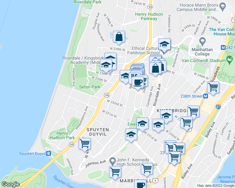 map of restaurants, bars, coffee shops, grocery stores, and more near in The Bronx