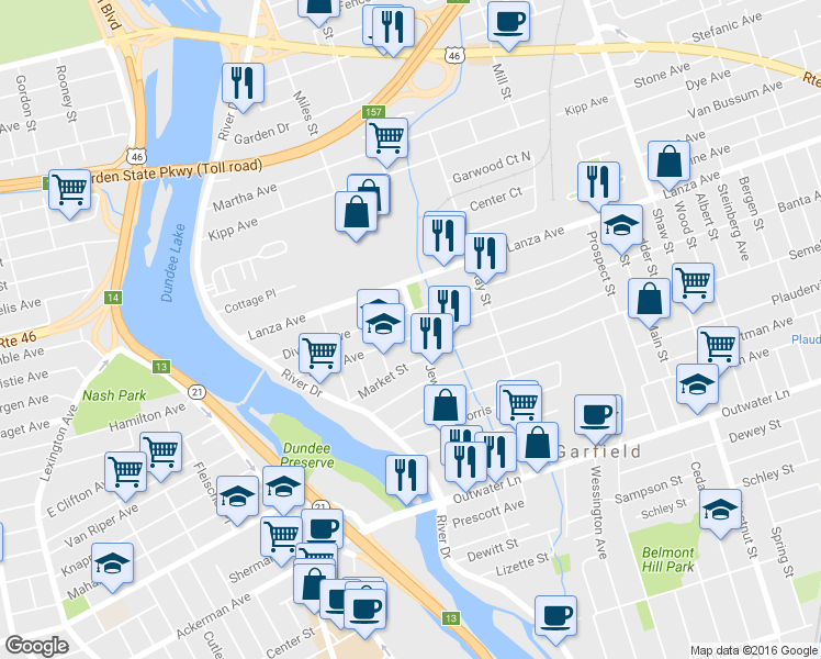 map of restaurants, bars, coffee shops, grocery stores, and more near 117 Division Avenue in Garfield