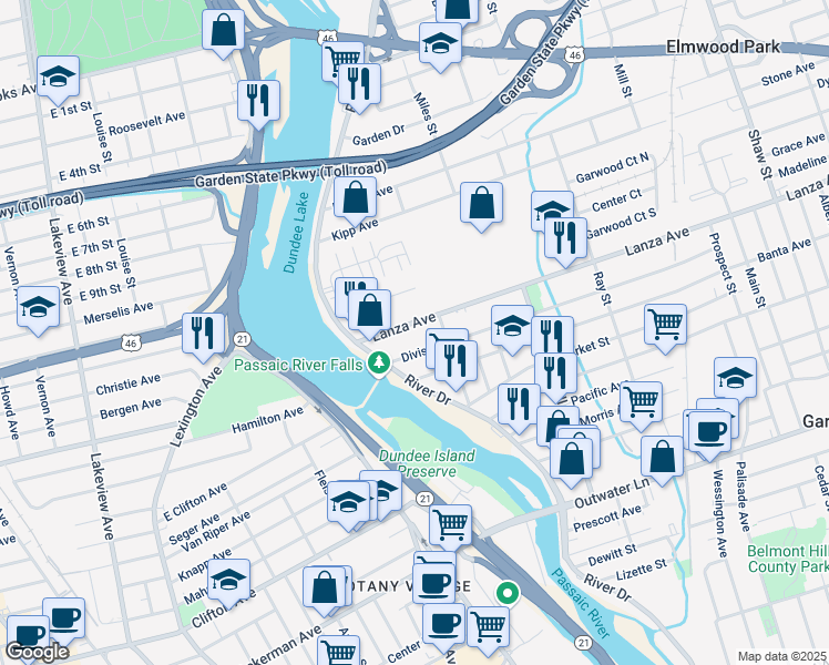 map of restaurants, bars, coffee shops, grocery stores, and more near 39 Lanza Avenue in Garfield