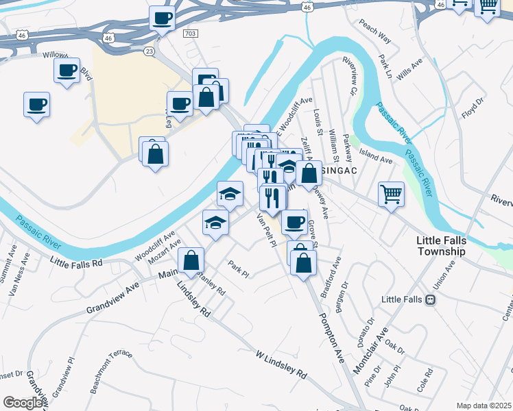 map of restaurants, bars, coffee shops, grocery stores, and more near in Little Falls Township