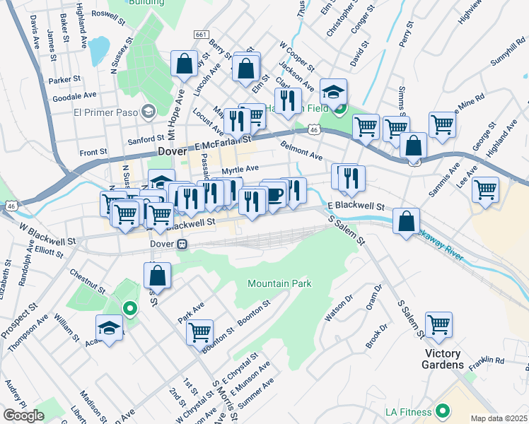 map of restaurants, bars, coffee shops, grocery stores, and more near 171 East Blackwell Street in Dover