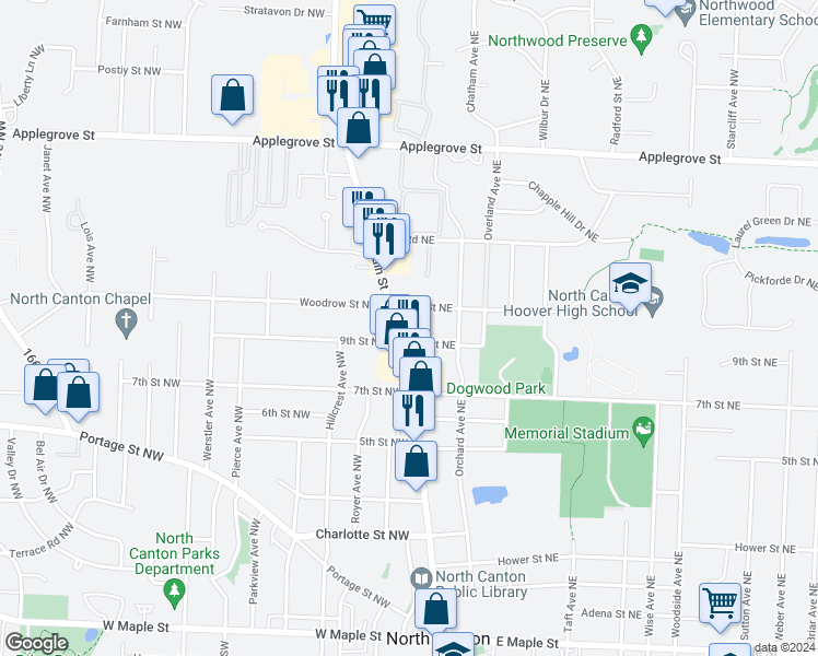 map of restaurants, bars, coffee shops, grocery stores, and more near 932 North Main Street in North Canton