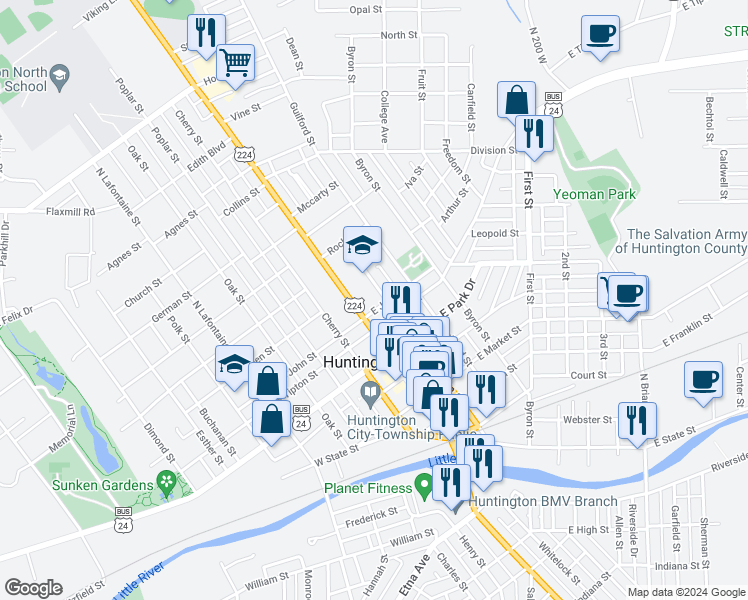 map of restaurants, bars, coffee shops, grocery stores, and more near 942 Warren St in Huntington