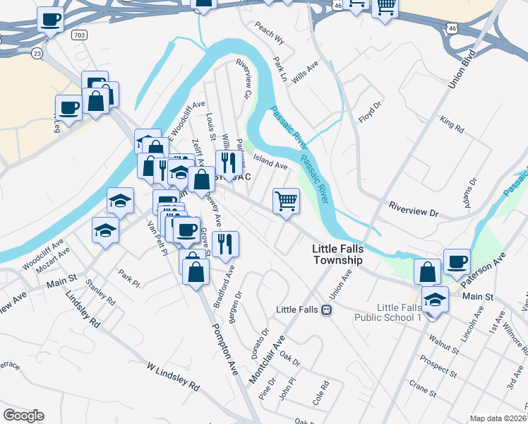 map of restaurants, bars, coffee shops, grocery stores, and more near 353 Main Street in Little Falls Township
