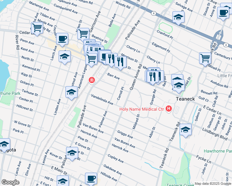 map of restaurants, bars, coffee shops, grocery stores, and more near 727 Palmer Avenue in Teaneck