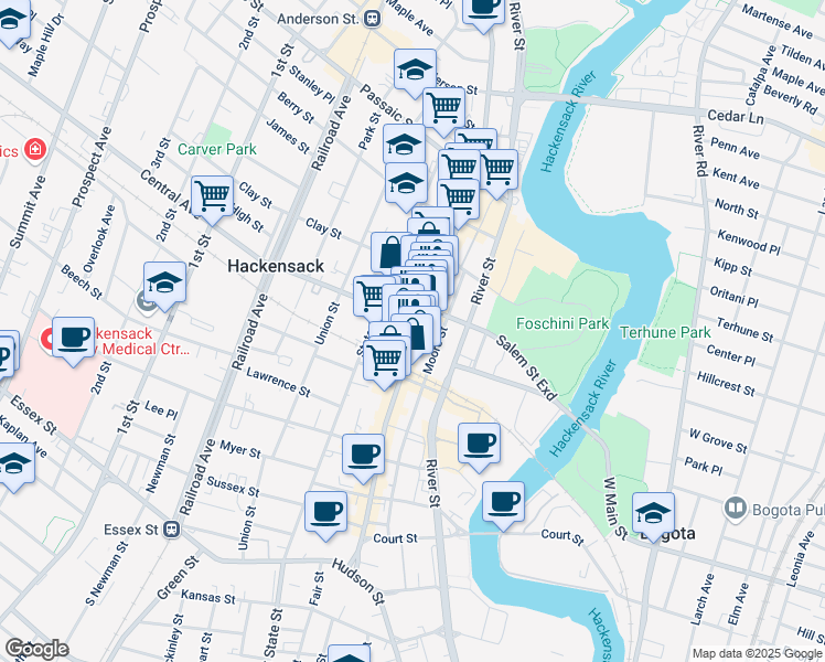 map of restaurants, bars, coffee shops, grocery stores, and more near in Hackensack