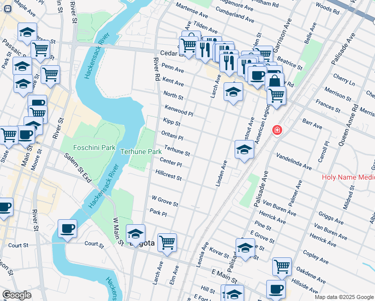map of restaurants, bars, coffee shops, grocery stores, and more near 190 Larch Avenue in Teaneck