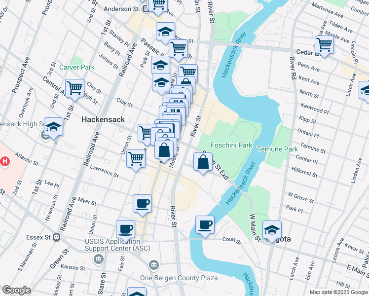 map of restaurants, bars, coffee shops, grocery stores, and more near 242 River Street in Hackensack