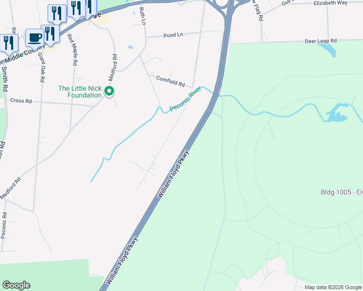 map of restaurants, bars, coffee shops, grocery stores, and more near 1991 William Floyd Parkway in Ridge