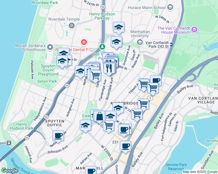 map of restaurants, bars, coffee shops, grocery stores, and more near Riverdale Ave & W 235th St in Bronx