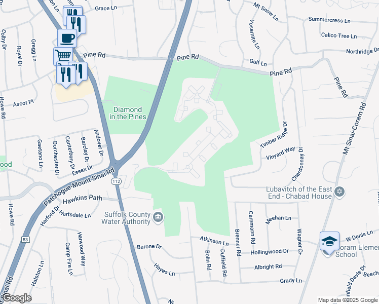 map of restaurants, bars, coffee shops, grocery stores, and more near 1 Avalon Pines Drive in Coram