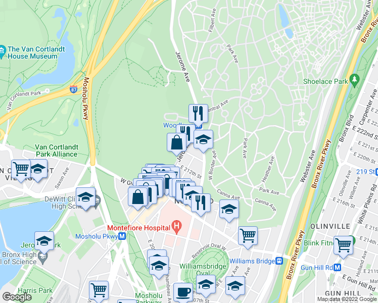 map of restaurants, bars, coffee shops, grocery stores, and more near 3598 Jerome Avenue in Bronx