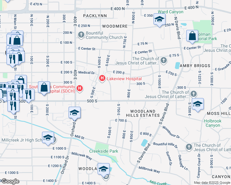 map of restaurants, bars, coffee shops, grocery stores, and more near 425 Medical Drive in Bountiful