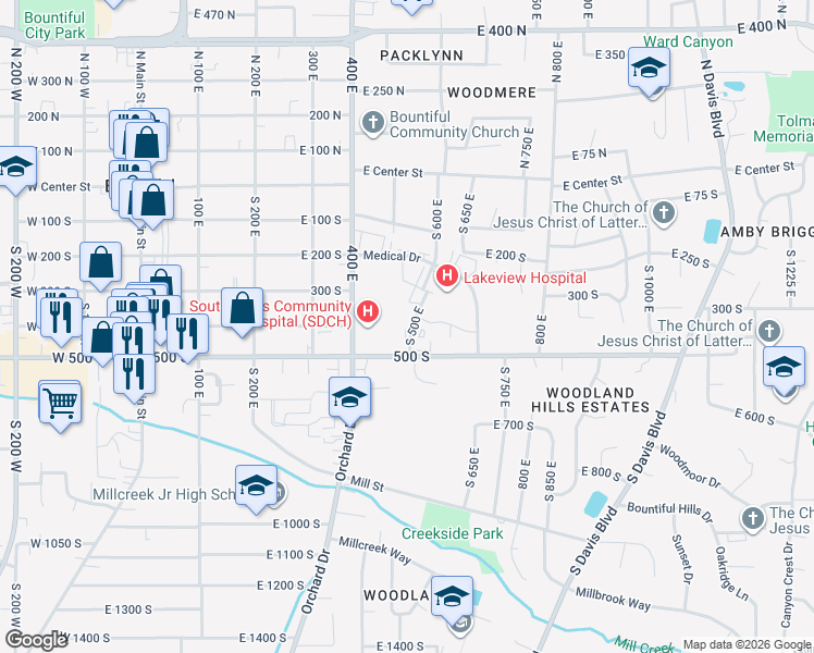 map of restaurants, bars, coffee shops, grocery stores, and more near 400 S 500 E in Bountiful