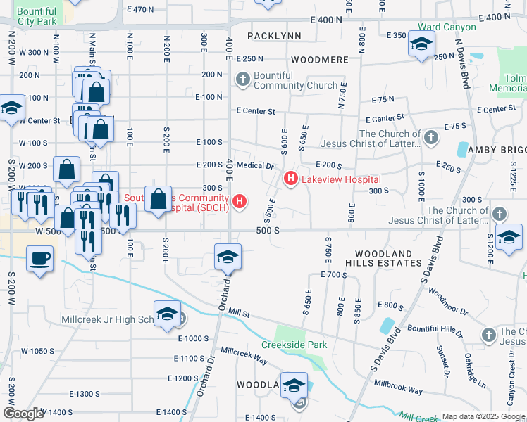map of restaurants, bars, coffee shops, grocery stores, and more near 400 S 500 E in Bountiful