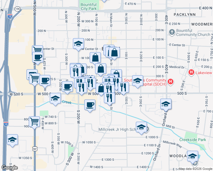 map of restaurants, bars, coffee shops, grocery stores, and more near 52 400 South in Bountiful