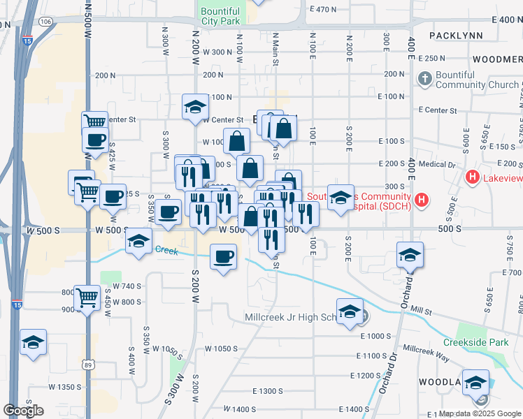 map of restaurants, bars, coffee shops, grocery stores, and more near 52 400 South in Bountiful