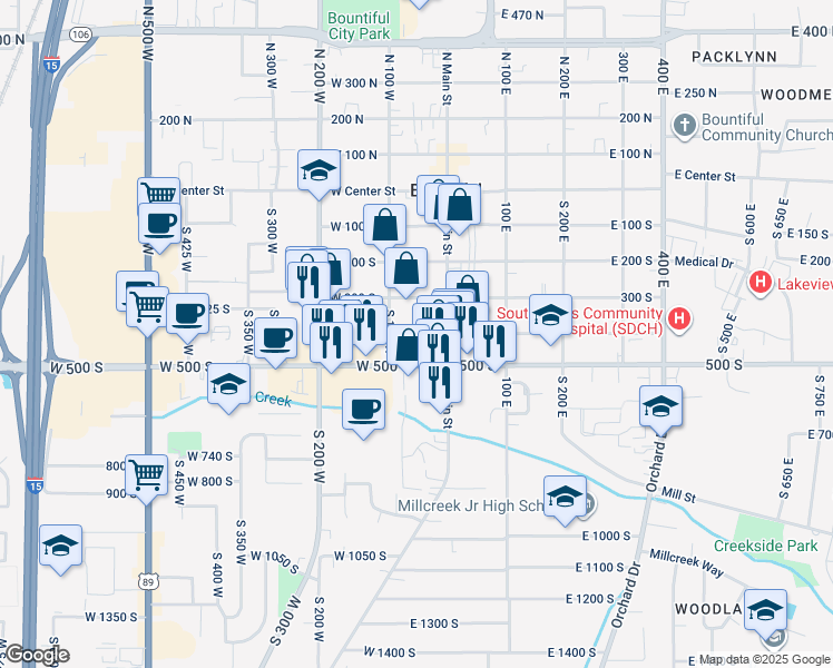 map of restaurants, bars, coffee shops, grocery stores, and more near 52 400 South in Bountiful