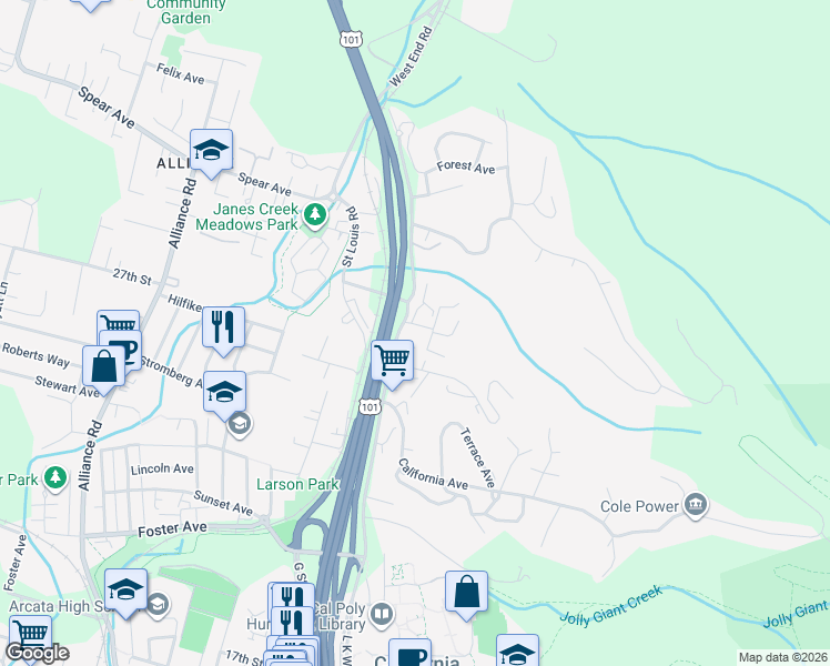 map of restaurants, bars, coffee shops, grocery stores, and more near 512 Ridge Road in Arcata