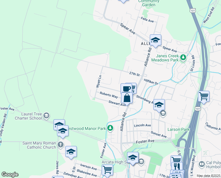 map of restaurants, bars, coffee shops, grocery stores, and more near 1780 Stromberg Avenue in Arcata